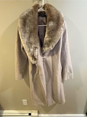 Ralph Lauren Taupe Wool Pea Coat with Plush Fur Collar